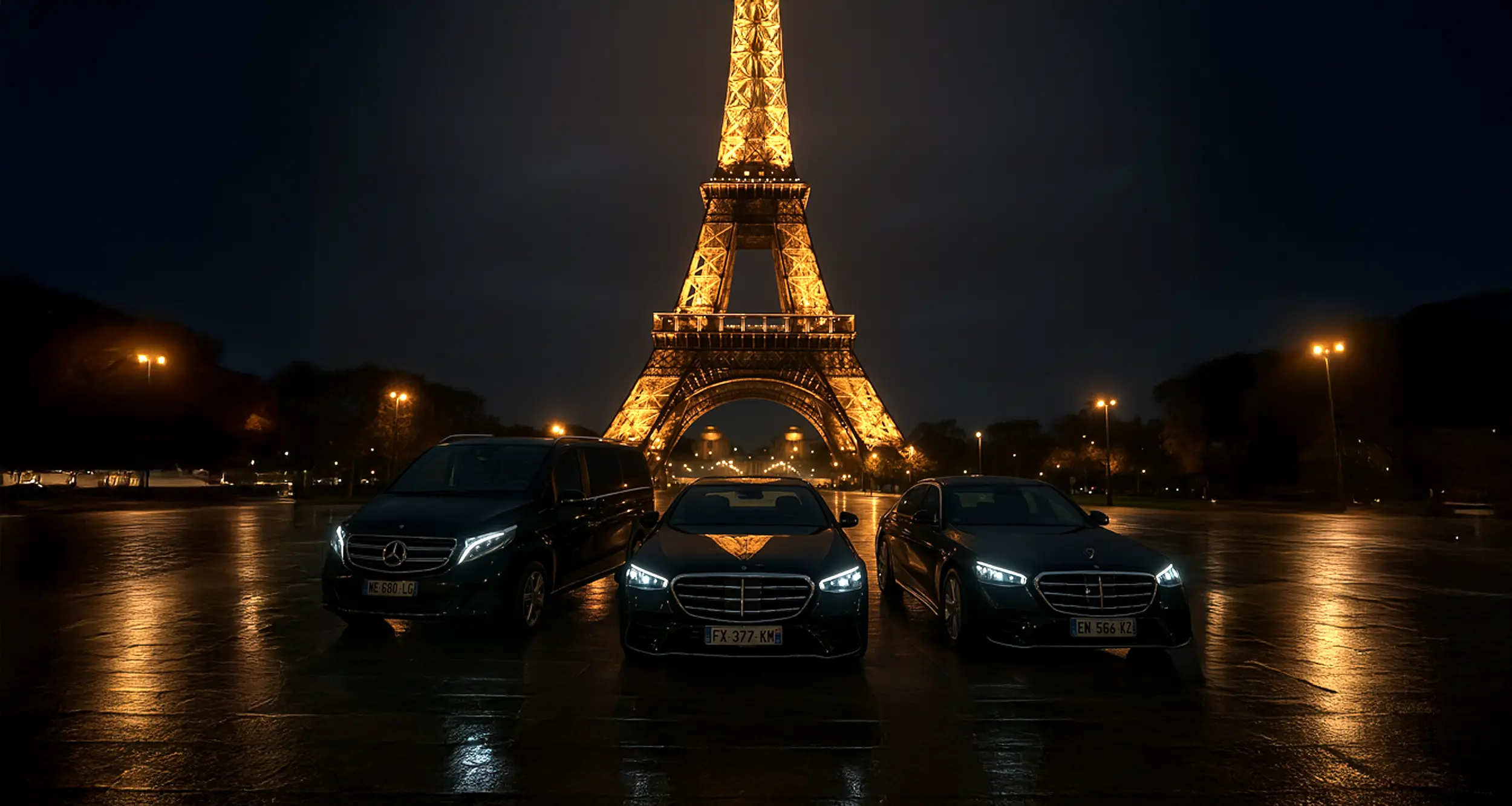 Harmony Chauffeurs vehicles in front of the Eiffel Tower in Paris